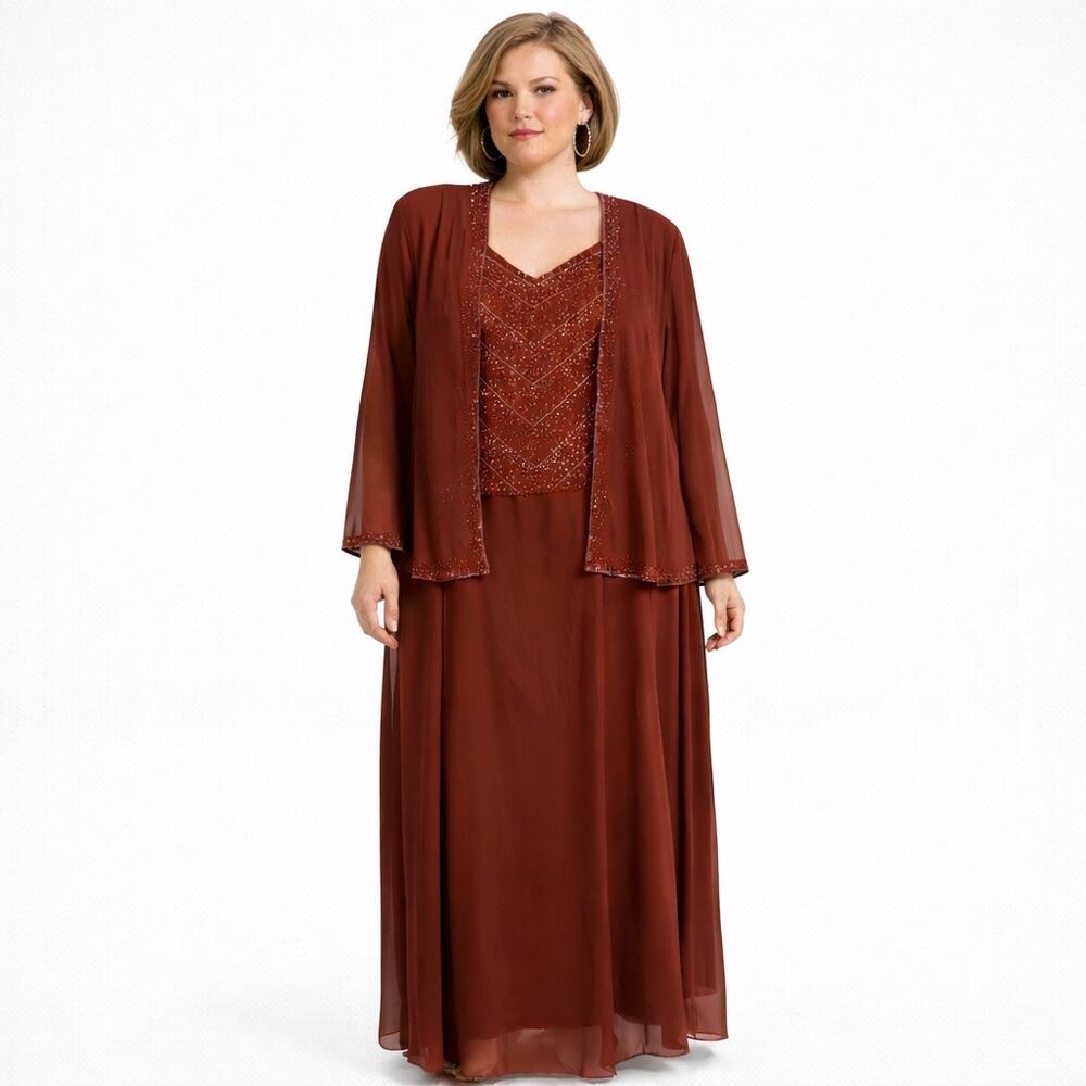 May Queen Couture Deep Cinnamon Rust Beaded Evening Gown Jacket Set 4XL Formal
